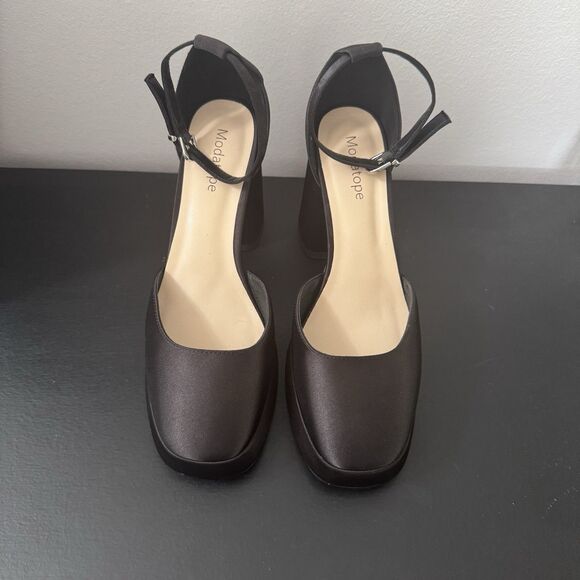 Modatope Women’s Black Satin Platform Chunky Block Heel Platform Pump Size 8 - Picture 5 of 8